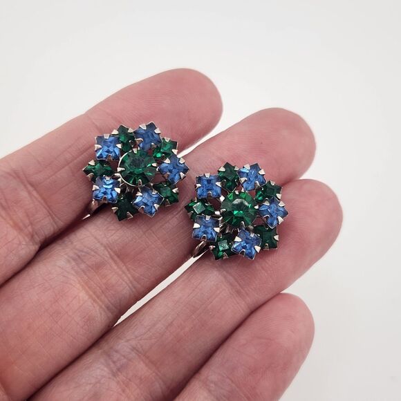 Vintage Earring .75" Cottagecore Blue & Green Layered Stacked Rhinestone Cluster - Picture 5 of 5